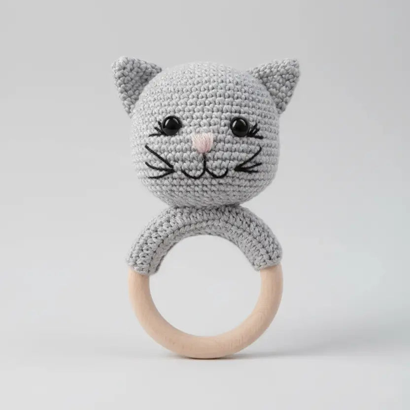 Gray crocheted cat rattle with wooden teething ring, adorable baby toy