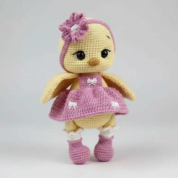Crochet Cute Chick with Fancy Pink Dress Toy  Joy Gift London