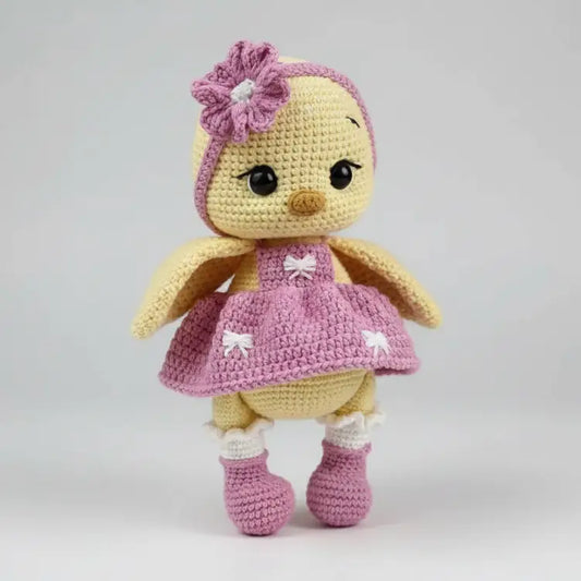 Crochet Cute Chick with Fancy Pink Dress Toy  Joy Gift London