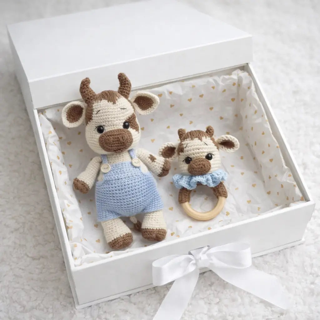 Crochet Cute Cow Toy in Blue Jumpsuit and Rattle Toy Gift Set 2pc  Joy Gift London