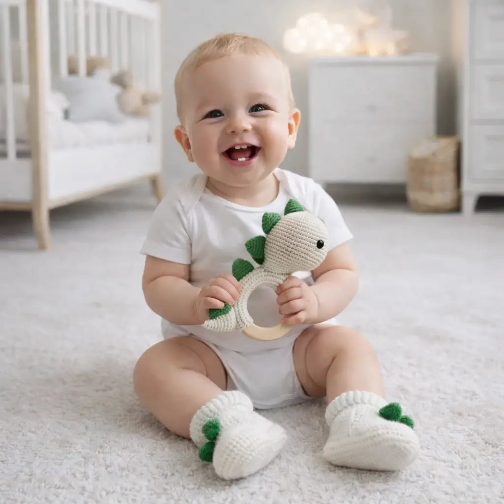 Crochet Cute Dino Rattle and Dino Baby Booties Gift Set  Joy Gift London