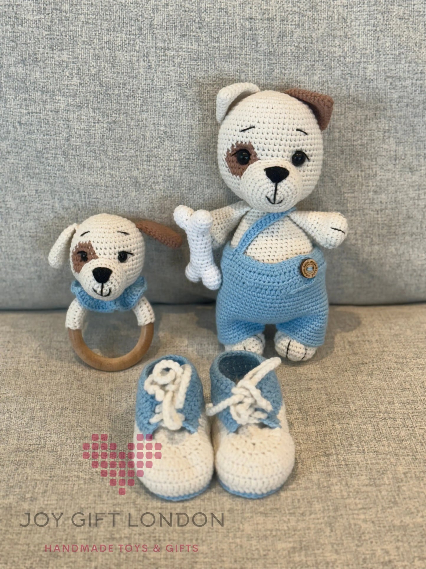 Crochet Cute Dog Toy in Blue Jumpsuit Shesu Toy