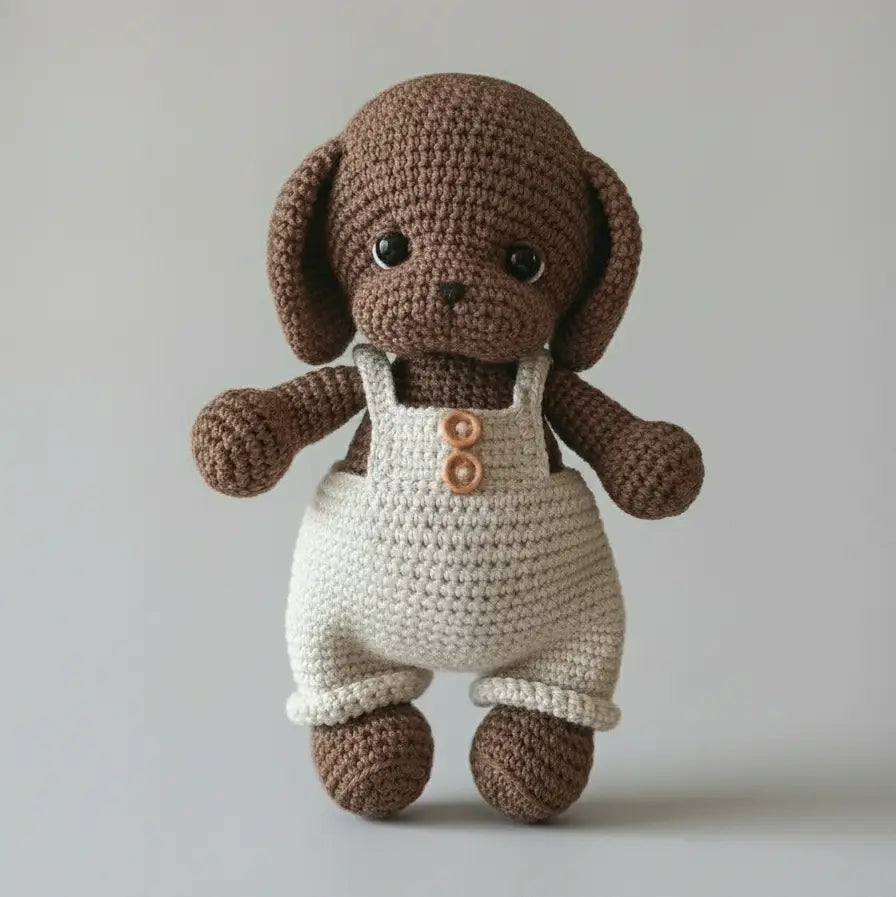 Crocheted brown puppy wearing white overalls with two wooden buttons