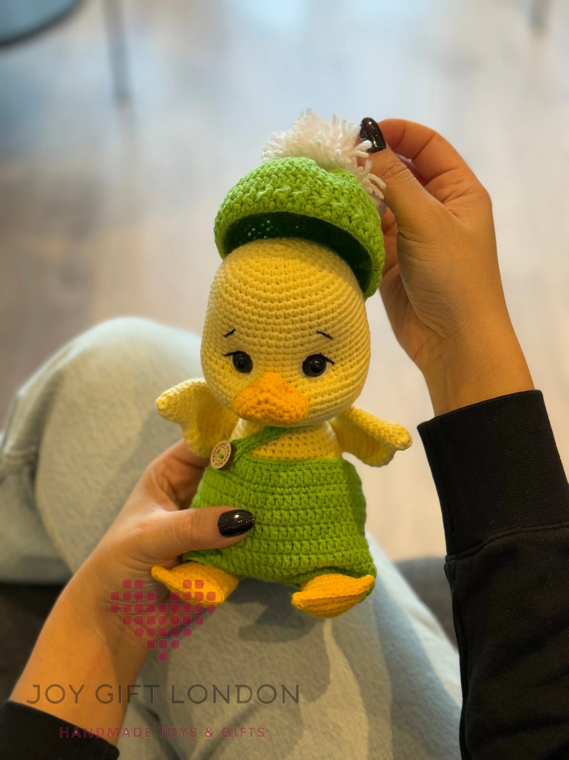 Crochet Cute Duck Toy in Green Jumpsuit Shesu Toy