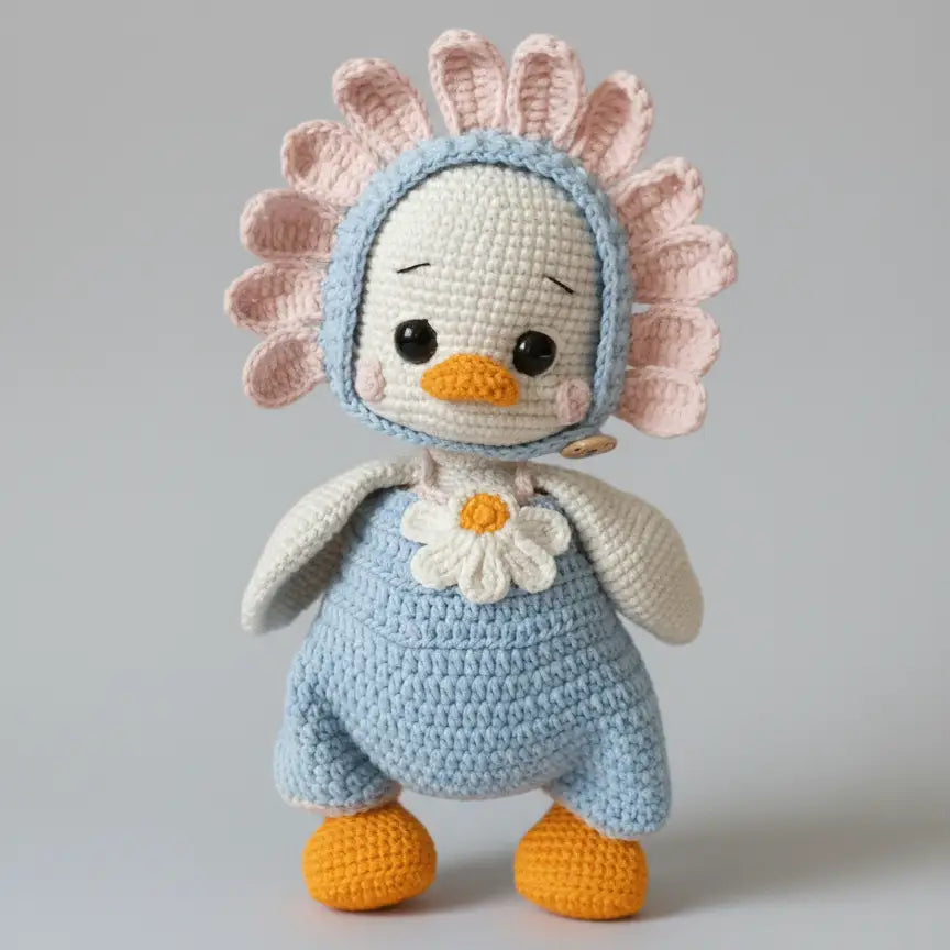 Crocheted penguin doll with flower, wearing blue bonnet with pink ruffles