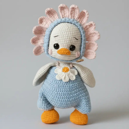 Crocheted penguin doll with flower, wearing blue bonnet with pink ruffles