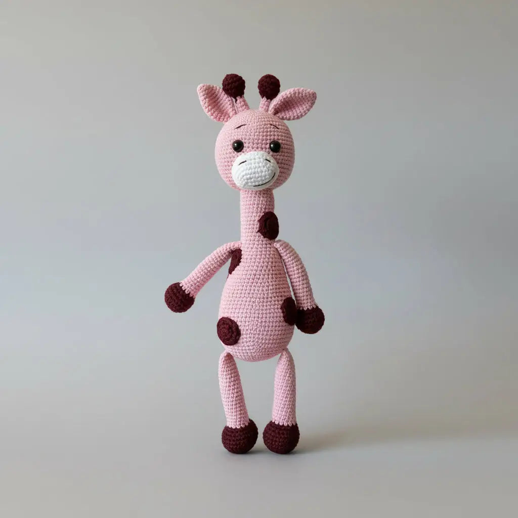 Pink crocheted giraffe stuffed animal with burgundy spots, standing against a neutral gray background.