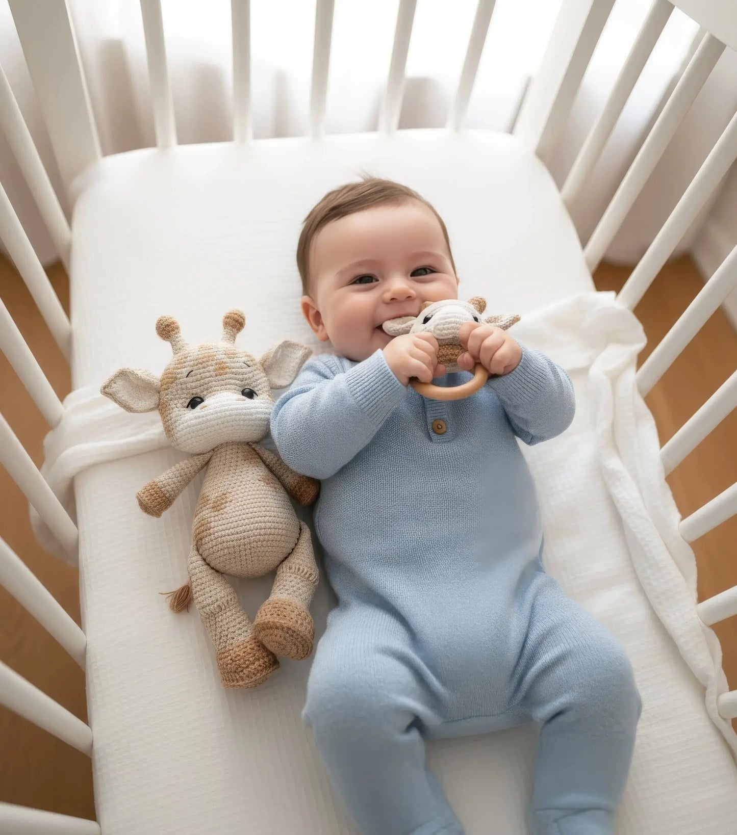Smiling baby in blue onesie chewing on crocheted teething ring beside stuffed giraffe toy