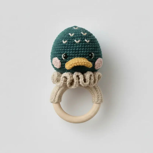 Crochet Cute Green Duck Rattle Toy with Bell  Joy Gift London