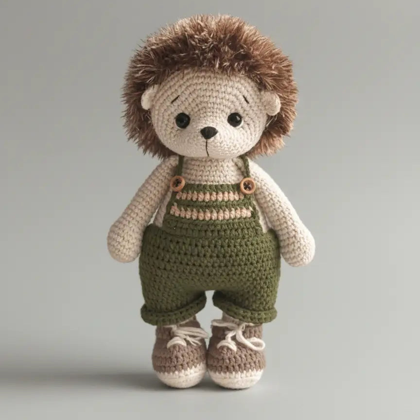 Crocheted hedgehog stuffed animal wearing green overalls and brown shoes
