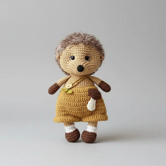 Crocheted hedgehog doll in yellow dress with brown trim, standing on gray background