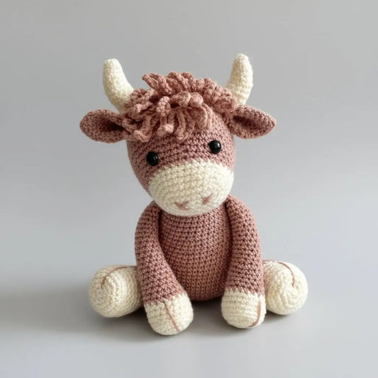 Crocheted dusty pink cow plush toy with white horns and feet, sitting upright