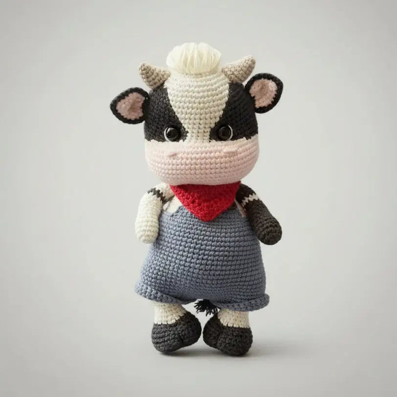 Crocheted cow doll with gray dress and red bandana, standing against neutral background
