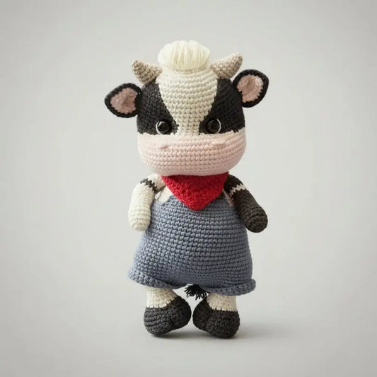 Crocheted cow doll with gray dress and red bandana, standing against neutral background