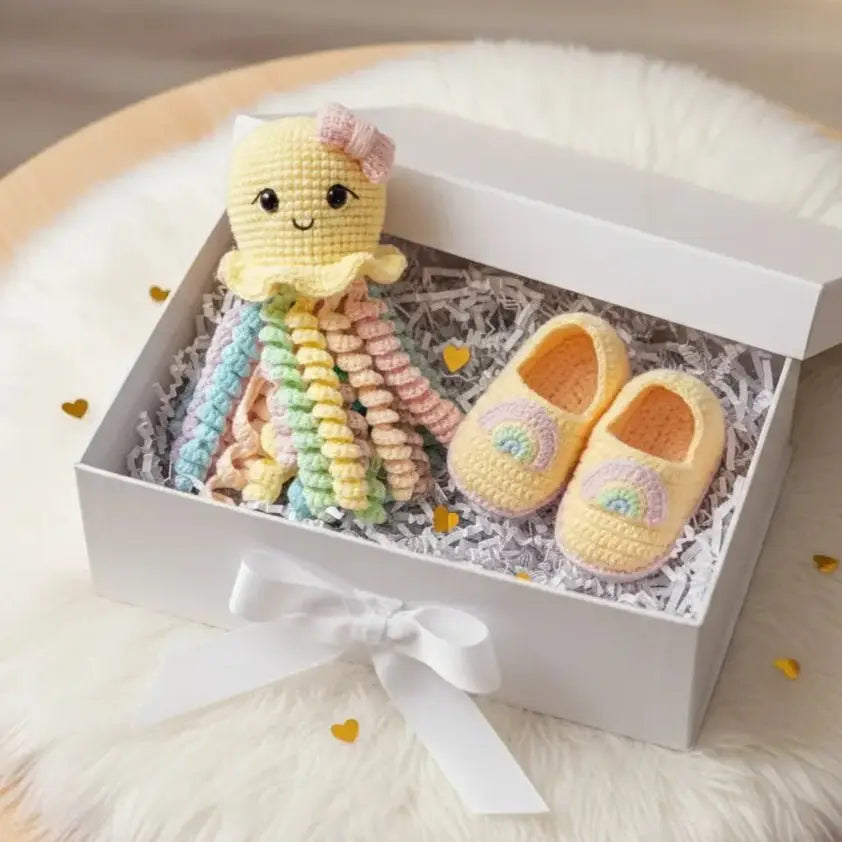 Crocheted octopus toy and baby booties in a white gift box with white ribbon