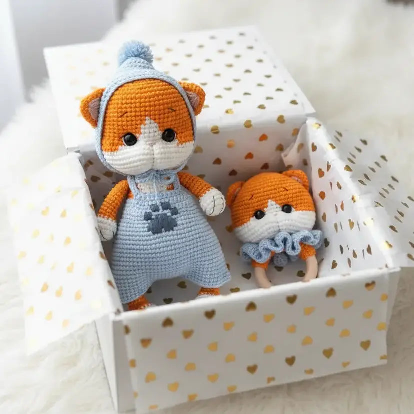 Crochet Cute Kitten Toy and Rattle Toy Gift Set 2pc  Joy Gift London