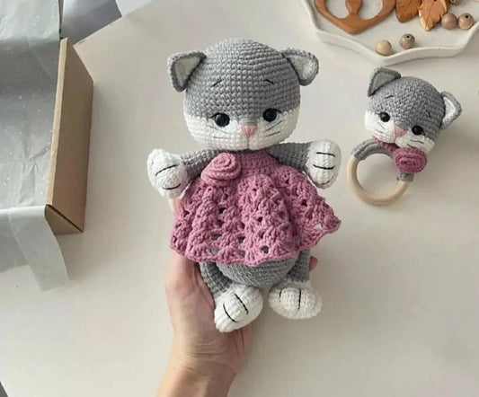 Crochet Cute Kitten Toy and Rattle Toy Set (2pc) TrendyToy