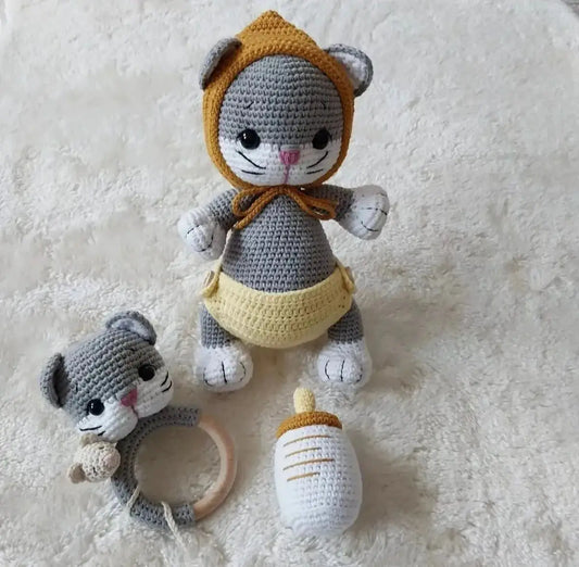 Crochet Cute Kitten Toy and Rattle Toy Set (3pc) TrendyToy