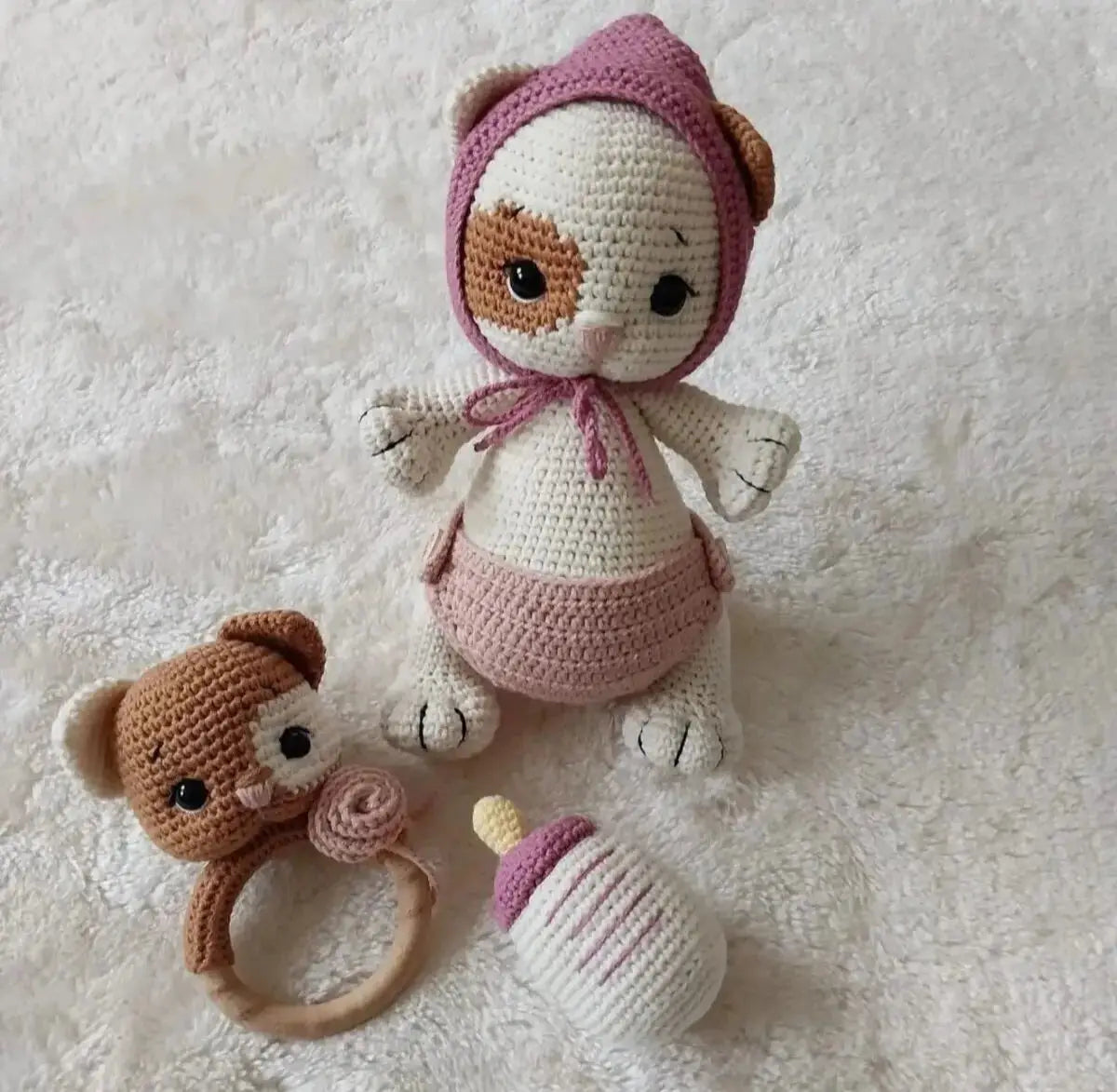 Crochet Cute Kitten Toy and Rattle Toy Set (3pc) TrendyToy