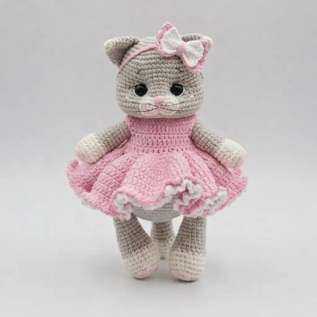 Crochet Cute Kitten Toy with Pink Fancy Dress  Joy Gift London