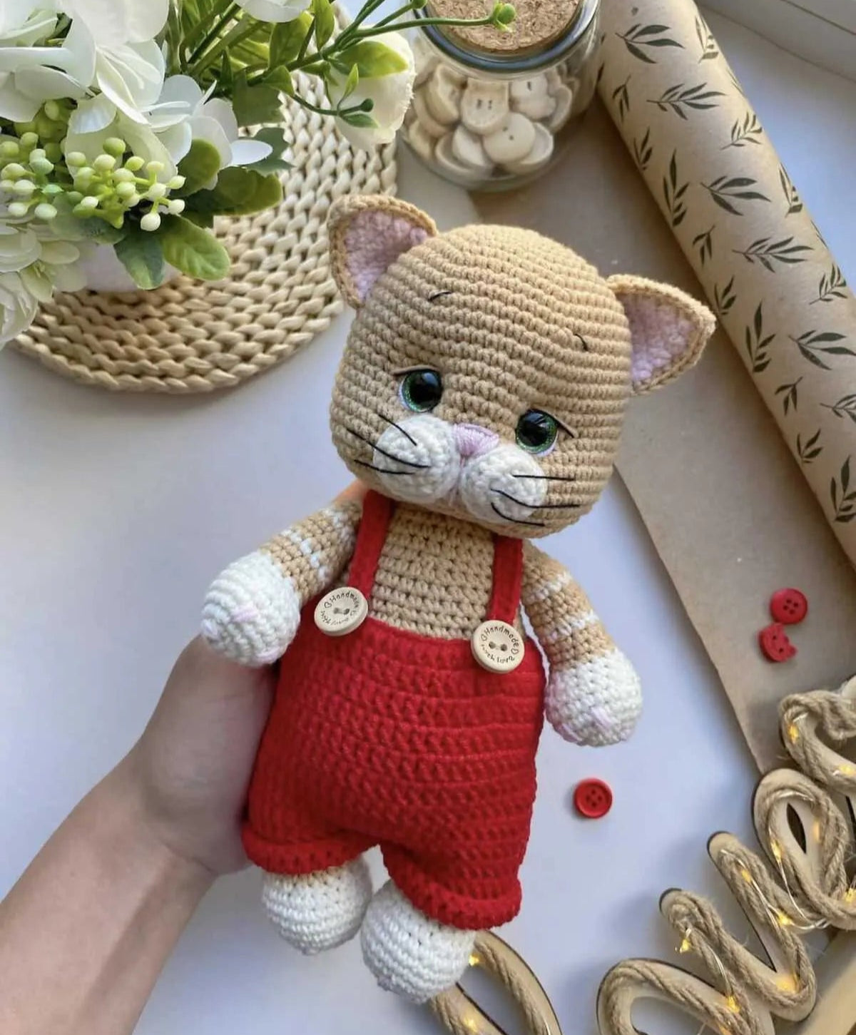 Crochet Cute Kitten Toy with Red Jumpsuit Joy Gift London