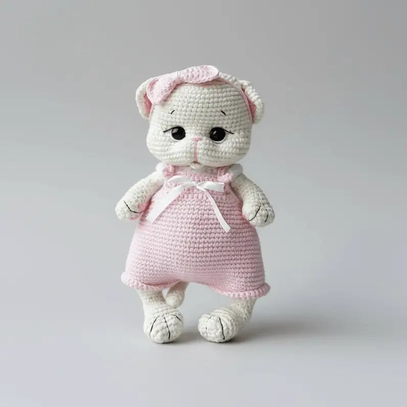 Crocheted white teddy bear in pink dress with bow, standing against gray background