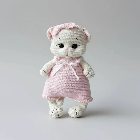 Crocheted white teddy bear in pink dress with bow, standing against gray background