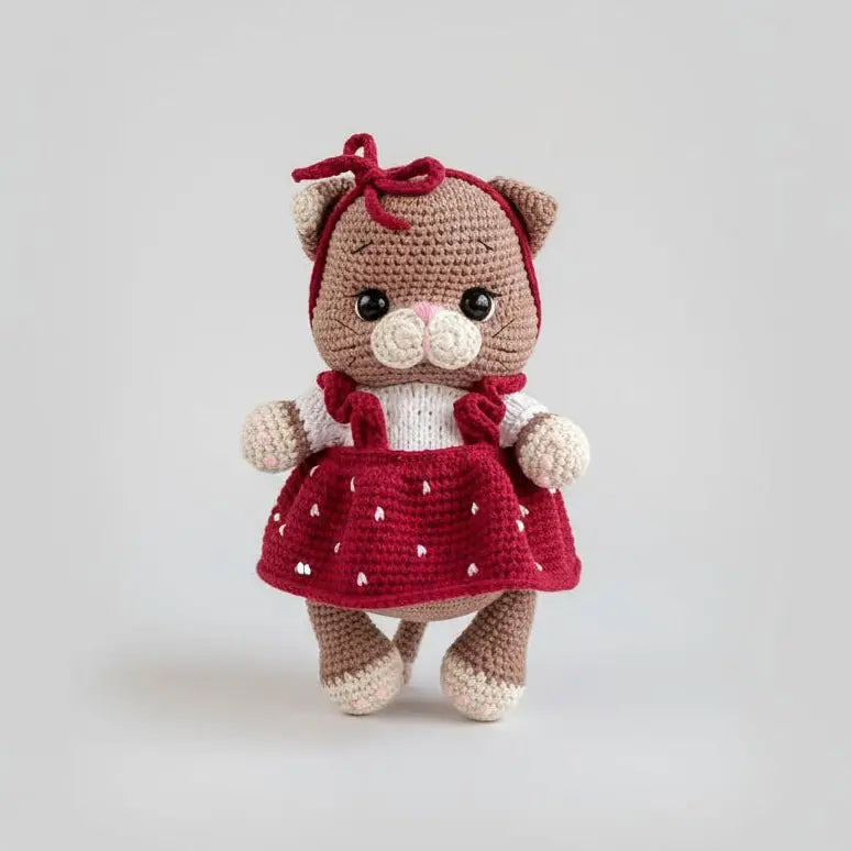 Crocheted cat doll wearing red polka dot dress and bow on neutral background