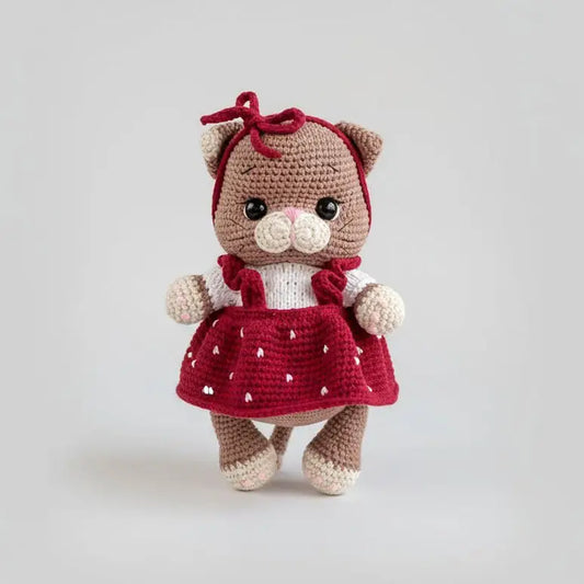 Crocheted cat doll wearing red polka dot dress and bow on neutral background