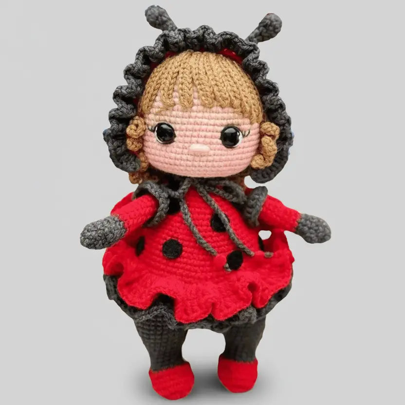 Crocheted ladybug doll with red dress, gray trim, and cute button eyes