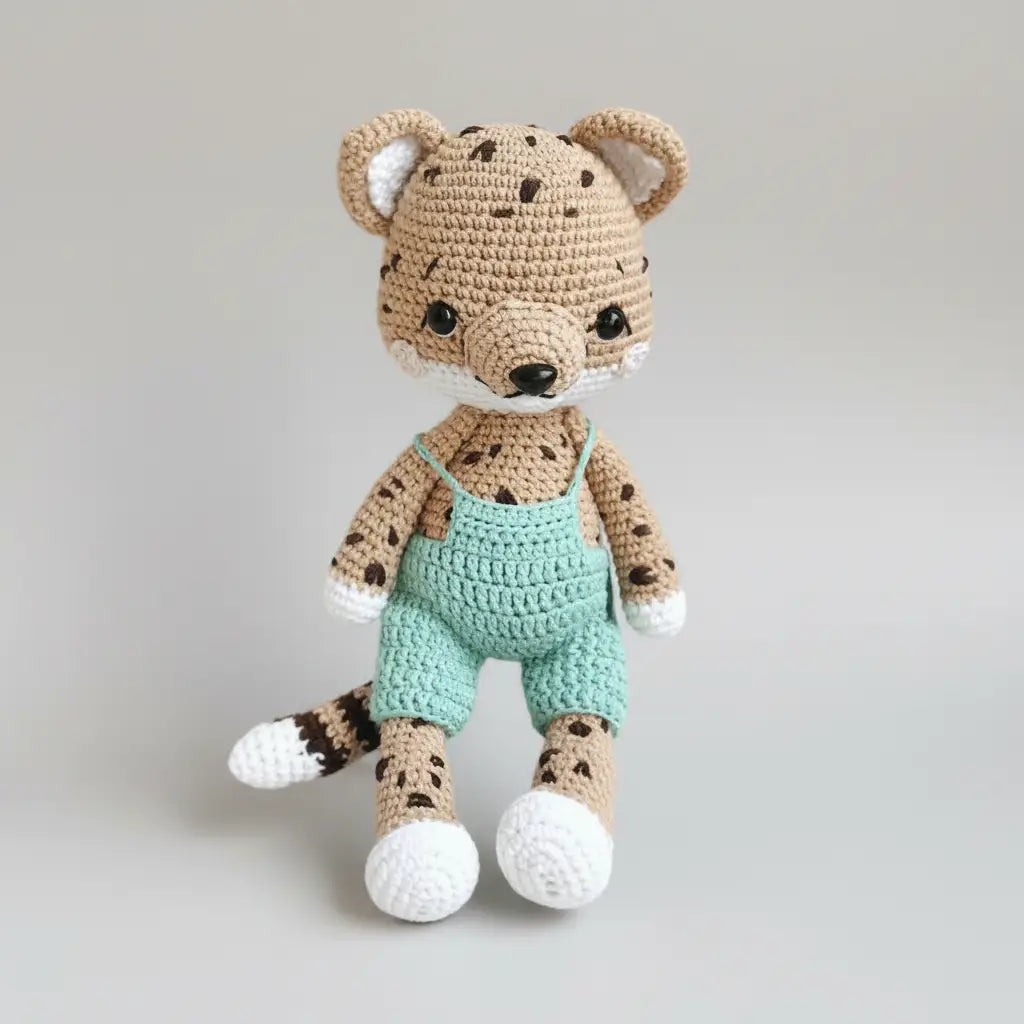 Crocheted leopard-like stuffed animal wearing mint green overalls on gray background