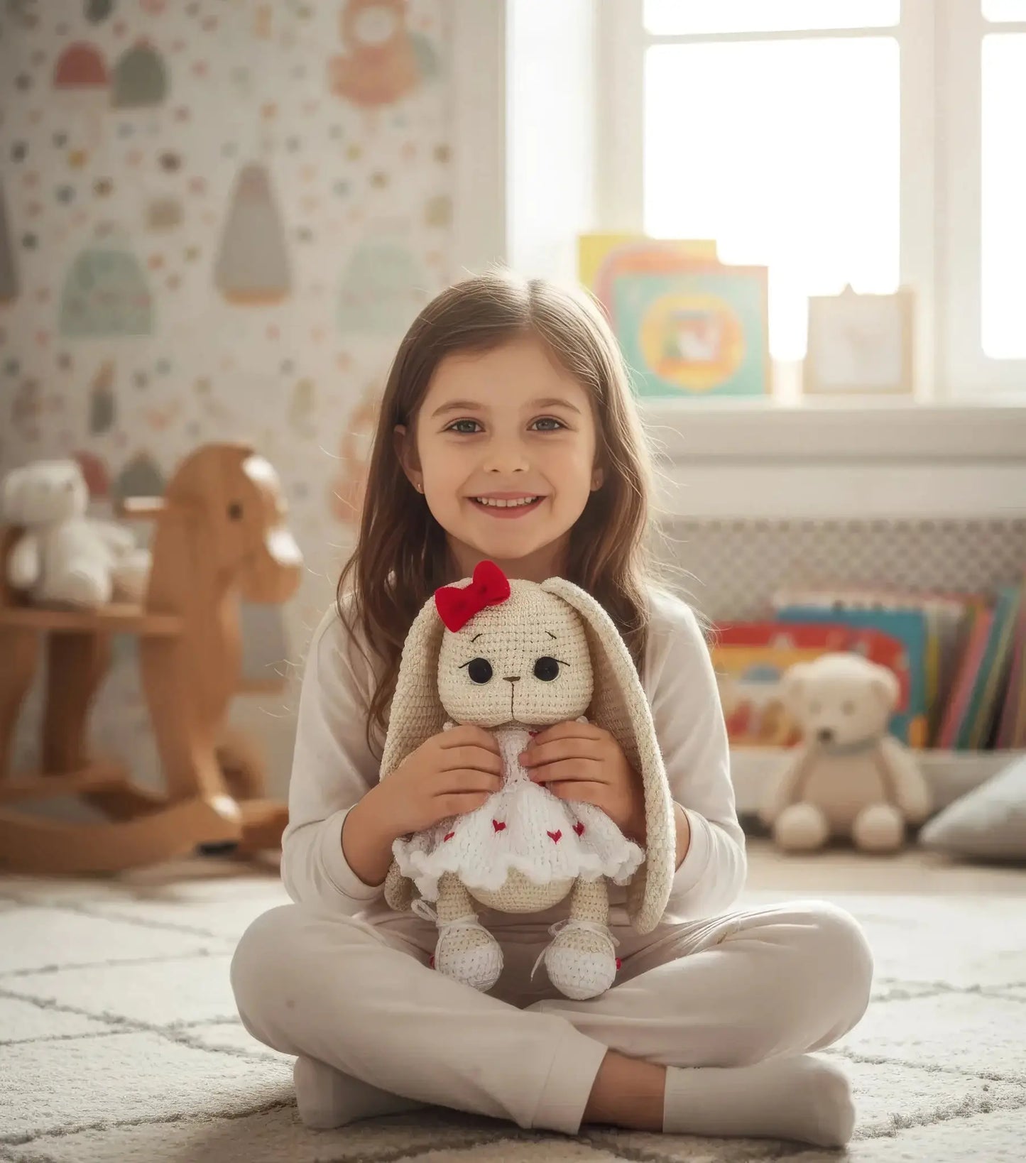 Smiling girl holding crocheted bunny toy, sitting in playroom with wooden rocking horse