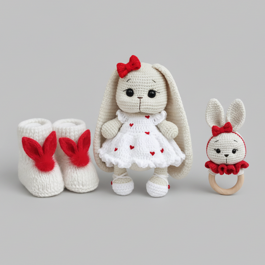Crochet Cute Long Ear Bunny Toy with Fancy White Dress and Heart Details  Joy Gift London