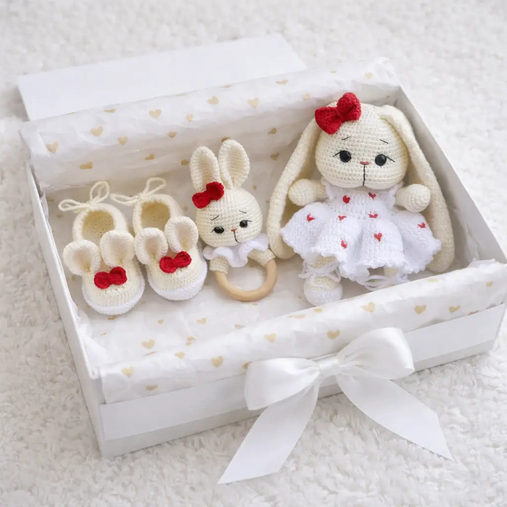 Crochet Cute Long Ear Bunny Toy with Fancy White Dress and Heart Details Toy Set 3pc  Joy Gift London