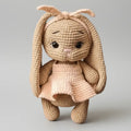 Crocheted bunny with long ears, wearing a pink dress, standing against a gray background.