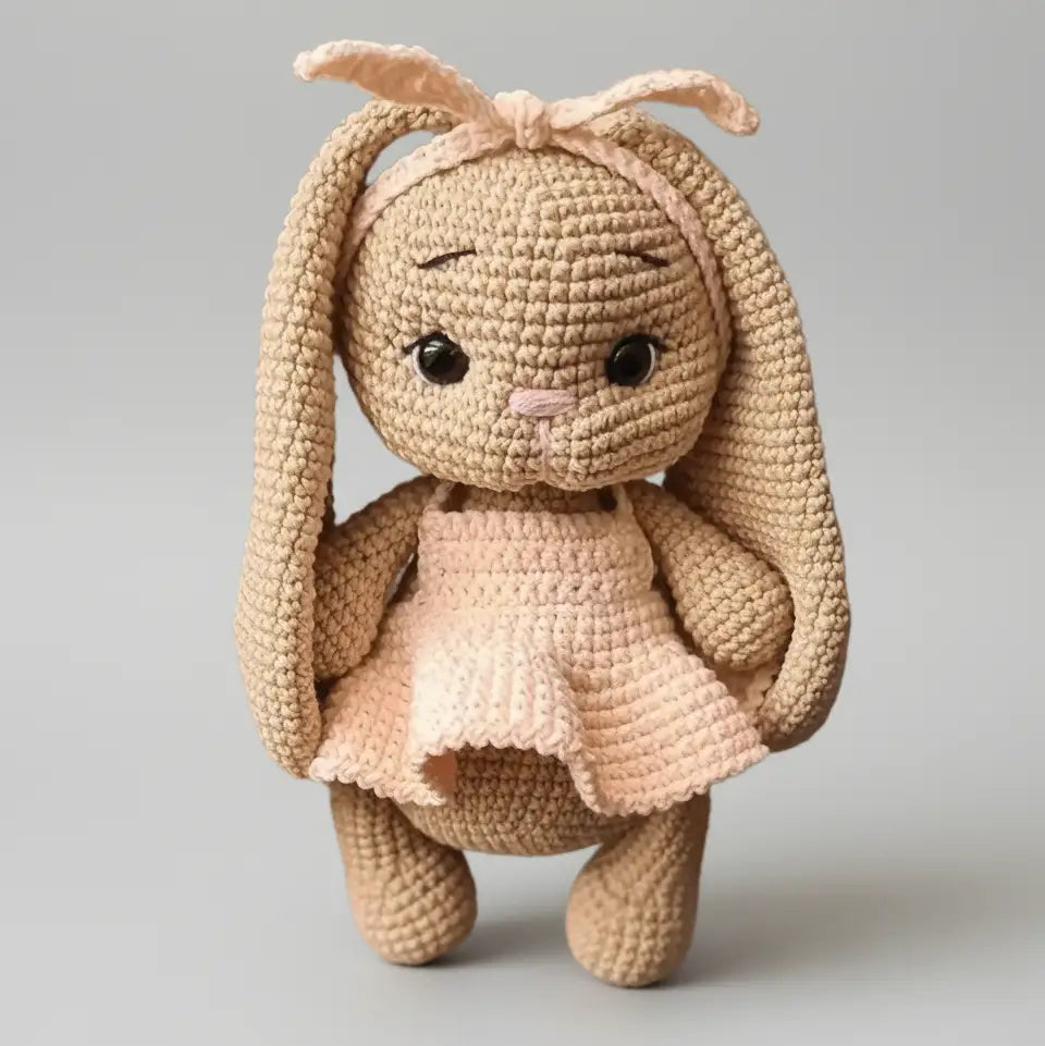 Crocheted bunny with long ears, wearing a pink dress, standing against a gray background.