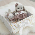 Crochet Cute Long ear Bunny Toy in Fancy Brown Dress and Rattle Toy Set 2pc  Joy Gift London