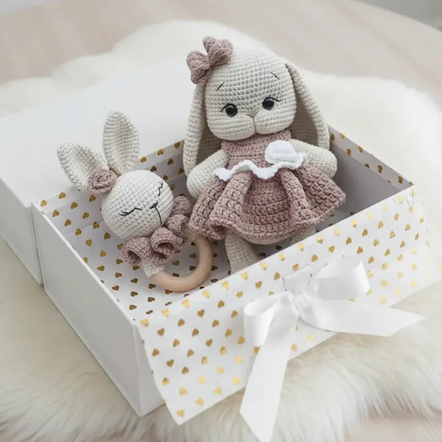 Crochet Cute Long ear Bunny Toy in Fancy Brown Dress and Rattle Toy Set 2pc  Joy Gift London