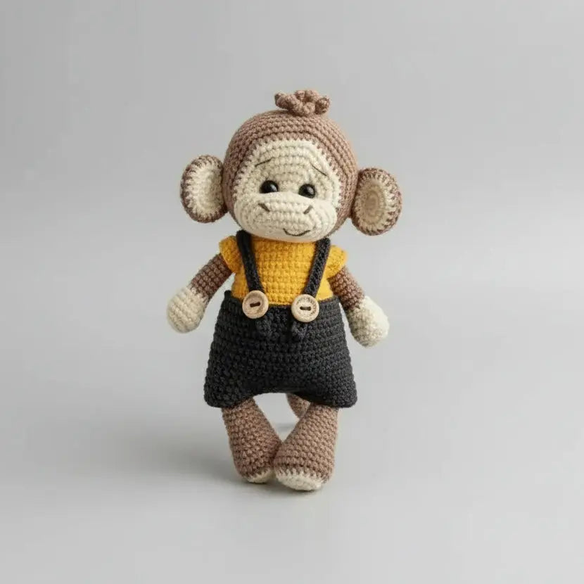 Crocheted monkey in yellow shirt and black overalls, standing against gray background