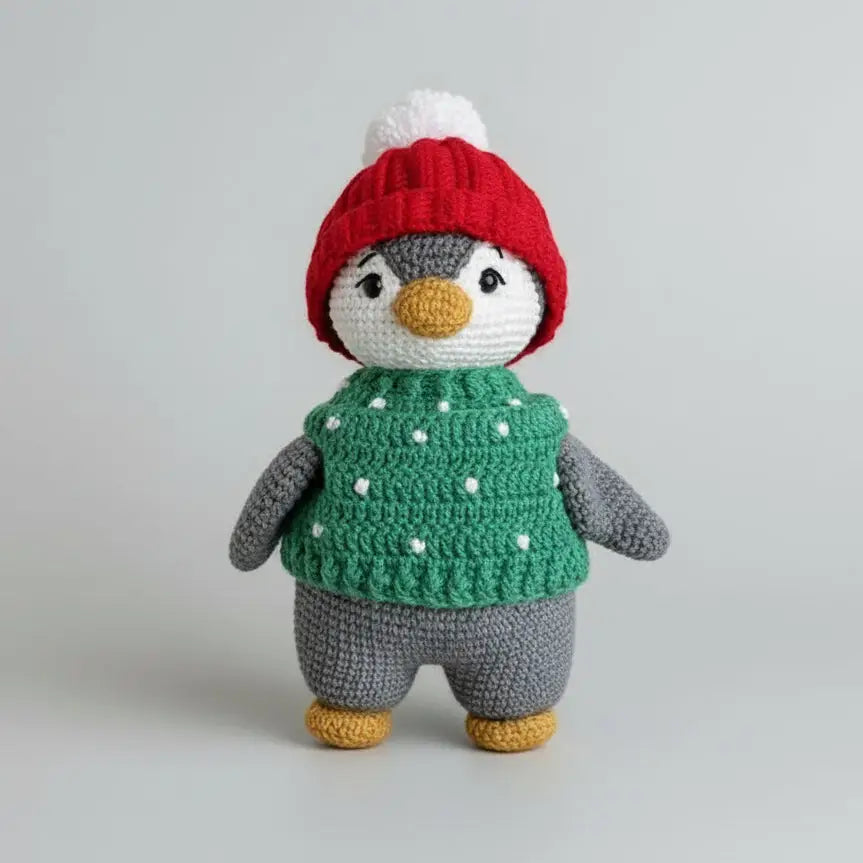Crocheted penguin in red hat, green sweater, and gray pants on plain background