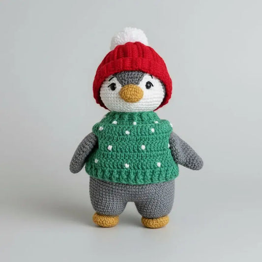 Crocheted penguin in red hat, green sweater, and gray pants on plain background