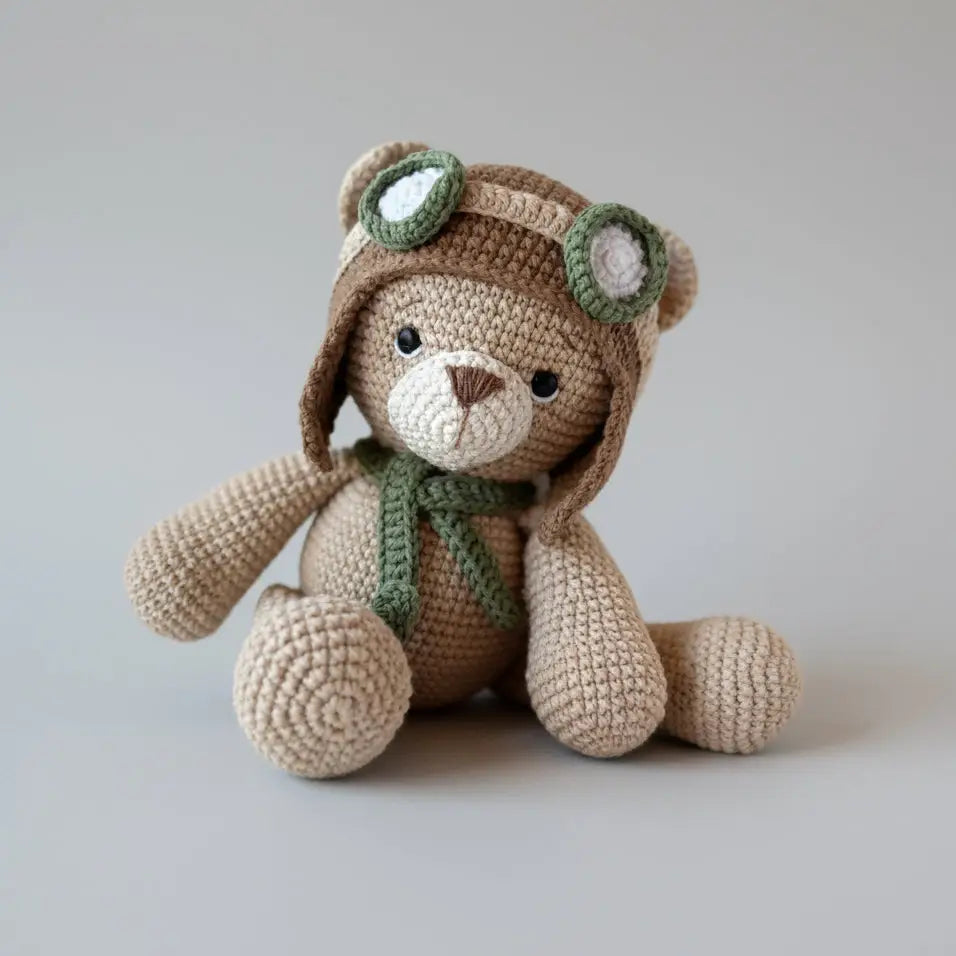 Crocheted teddy bear in aviator hat and scarf, sitting against neutral background