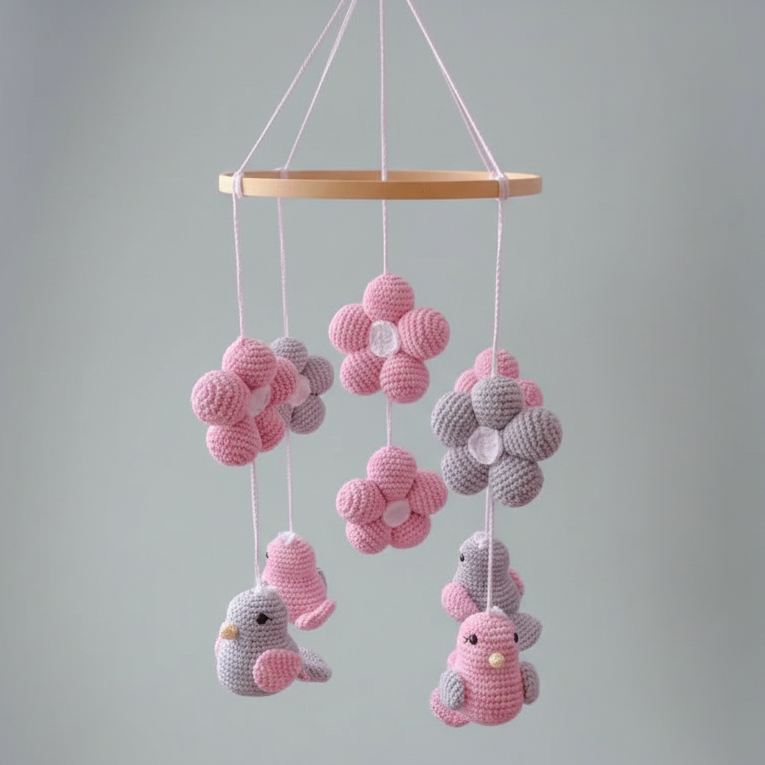 Crocheted baby mobile with pink and gray birds, flowers, and hanging spheres on wooden ring