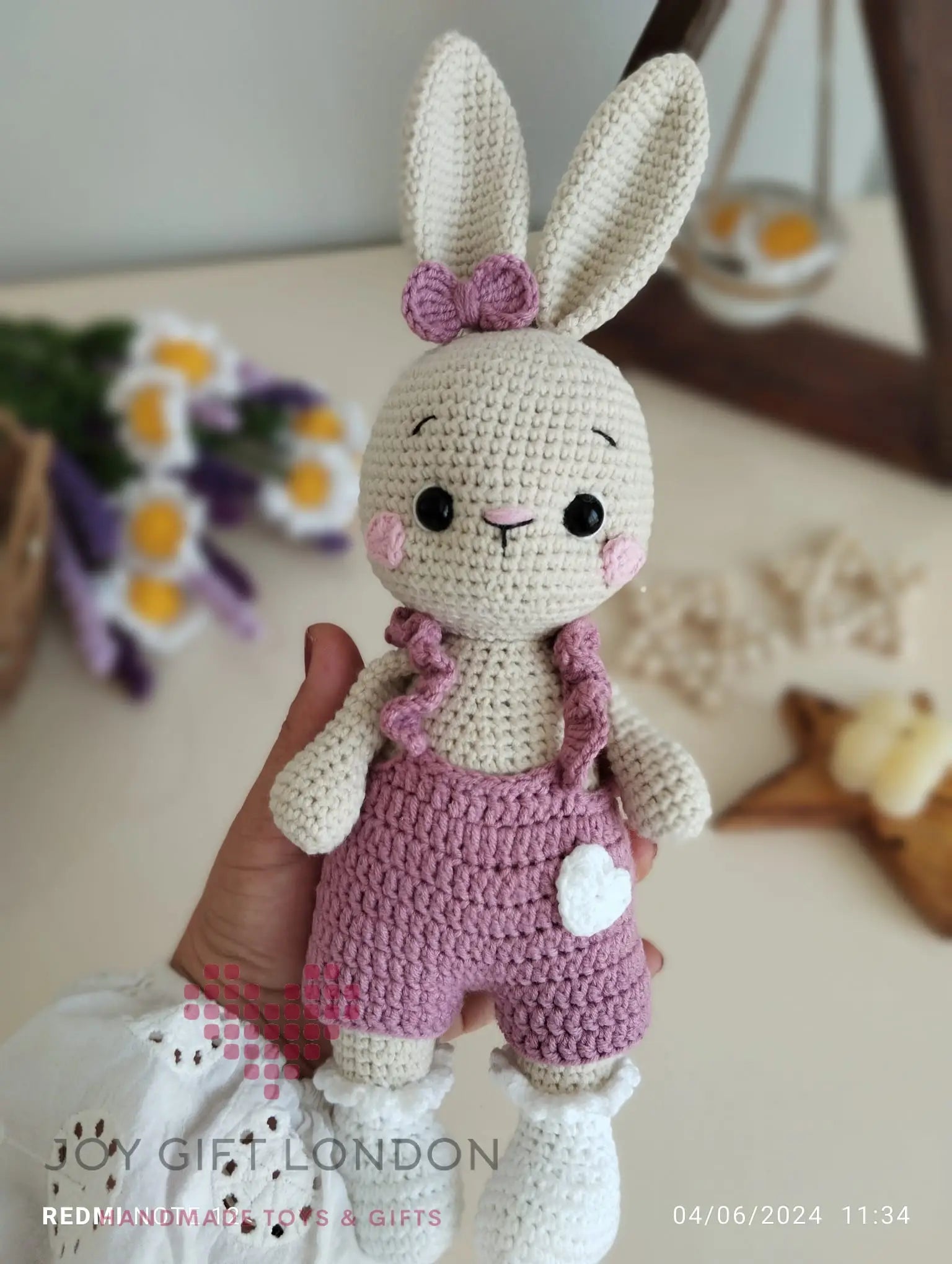 Crochet Cute Rabbit Girl Toy in Pink Jumpsuit Shesu Toy