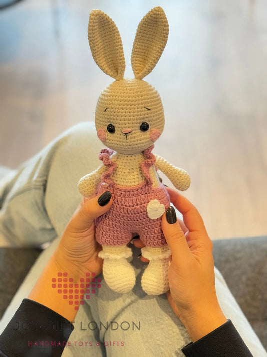 Crochet Cute Rabbit Girl Toy in Pink Jumpsuit Shesu Toy