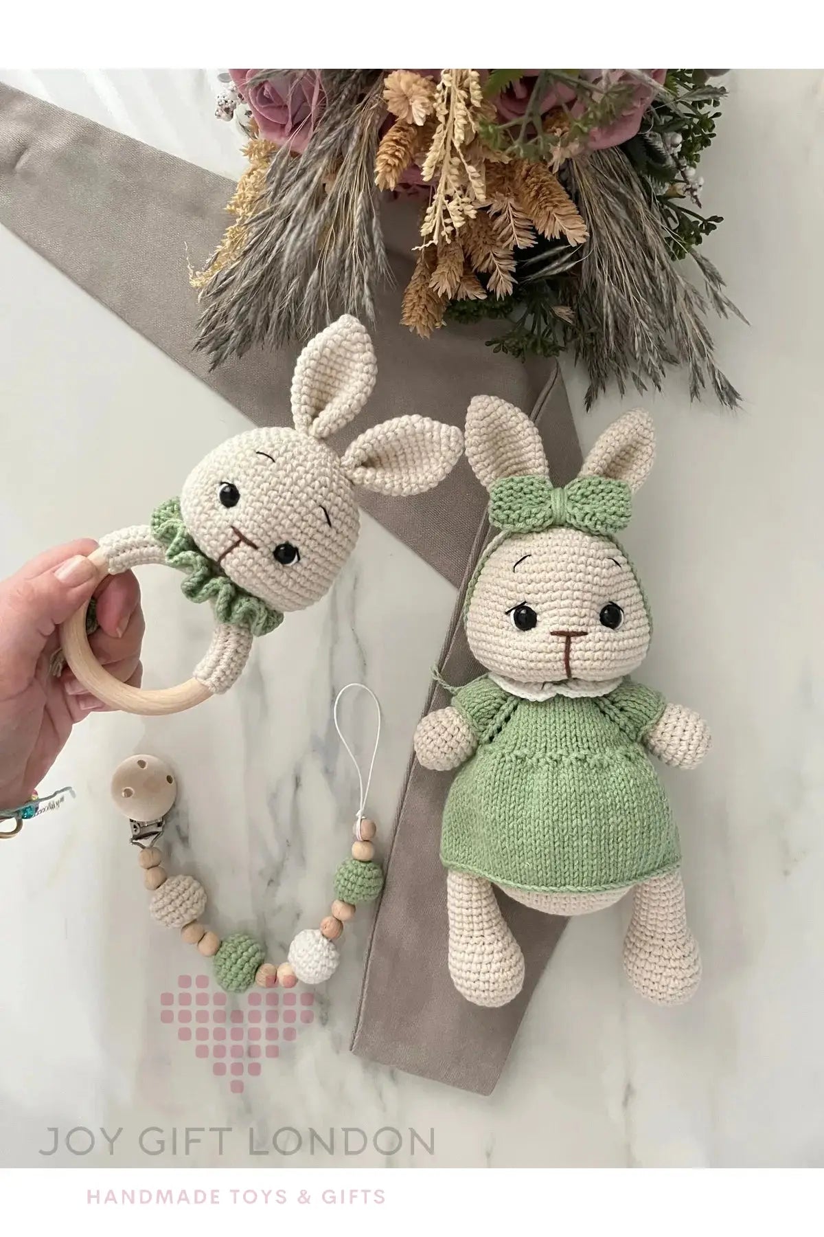 Crochet Cute Rabbit Toy Gift Set 3pc Pink/Green Joy Gift London