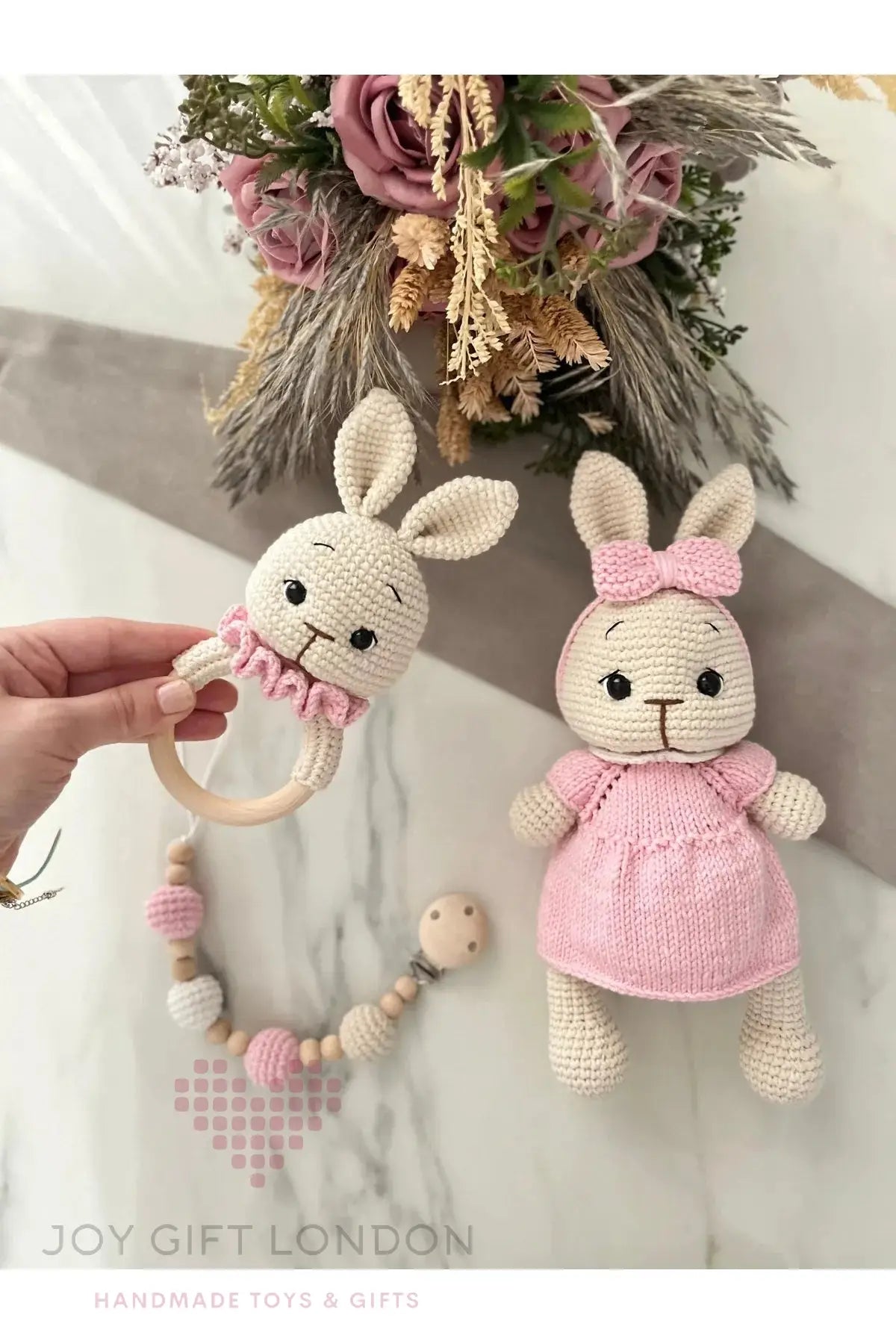 Crochet Cute Rabbit Toy Gift Set 3pc Pink/Green Joy Gift London