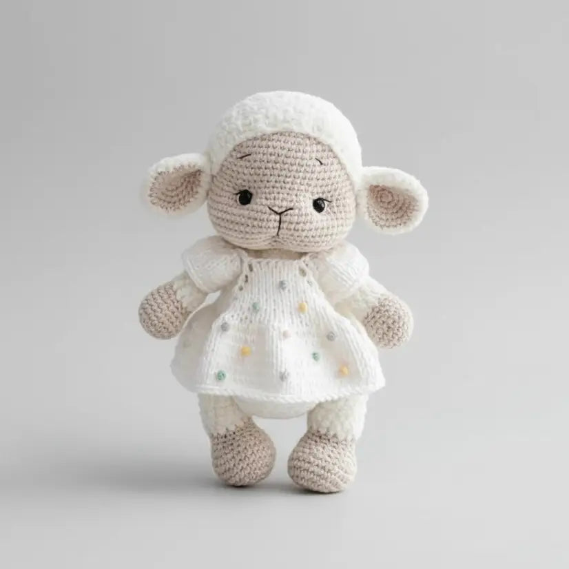 Crocheted lamb stuffed animal in white dress with pastel polka dots