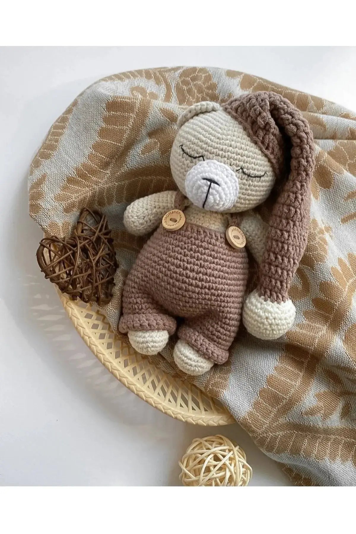 Crochet Cute Sleeping Bear Toy with Brown Jumpsuit Joy Gift London