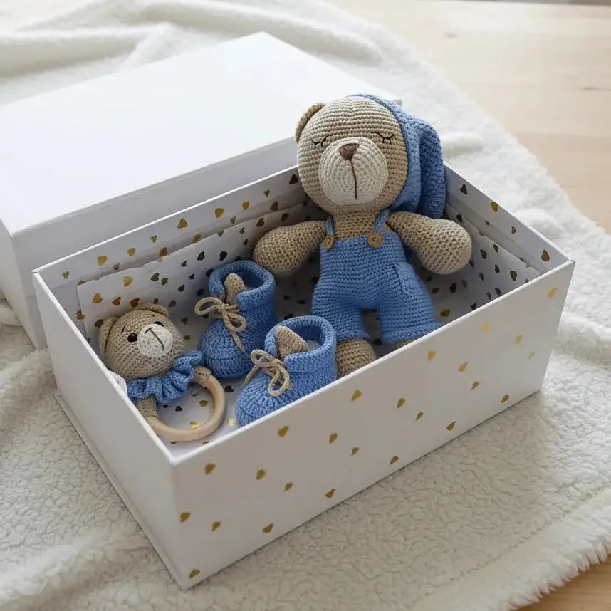 Crochet Cute Sleeping Teddy Bear Toy in Blue Jumper, Baby Booties and Rattle Toy Set 3pc  Joy Gift London